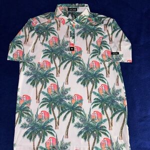 BAD BIRDIE MEN’S SIZE MEDIUM M “LOVER BIRDS” TROPICAL PERFORMANCE GOLF POLO NWOT